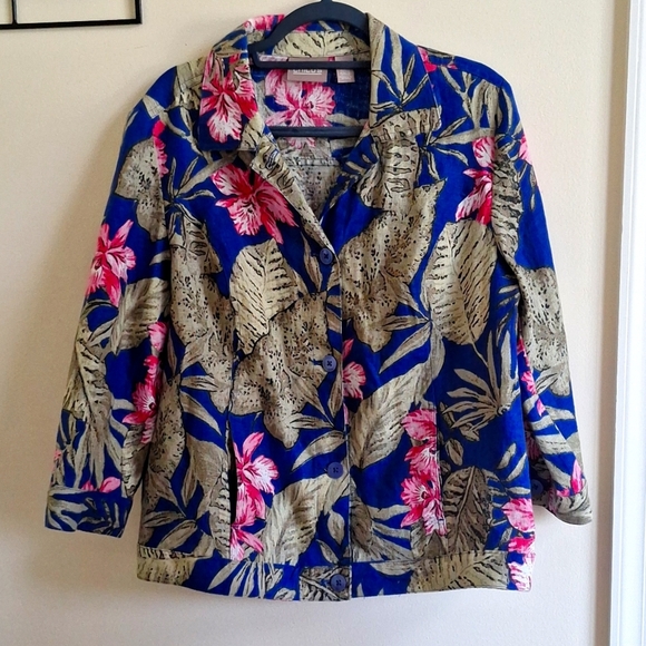 Chico's Hawaiian Floral Linen Jacket Blue Green Pink Size M - Picture 1 of 9